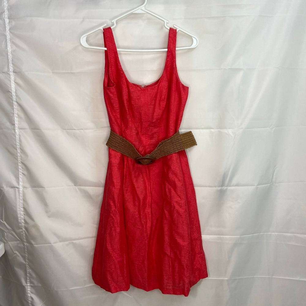 EUC Nine West women's coral brown belted‎ sleeveless zip summer pocket dress 4